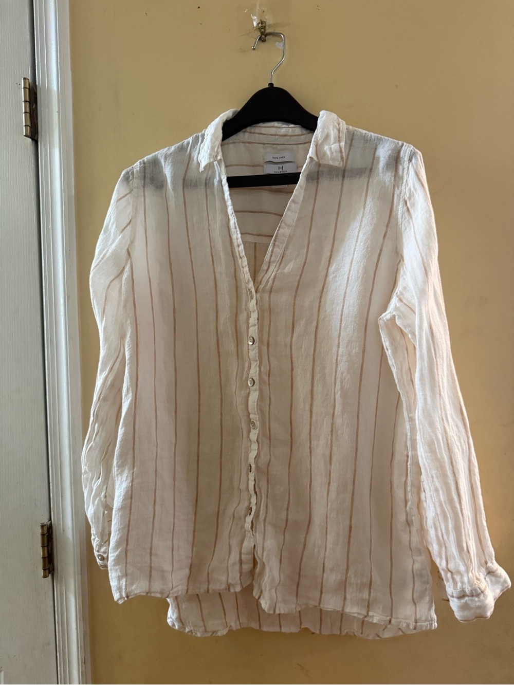 H by Halston Lightweight Linen Cream Stripe Button-Front Women's Top, large - Picture 1 of 5